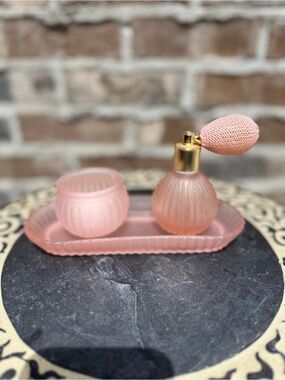 Pink/ peach frosted Glass Bath Vanity Set with Atomizer vintage